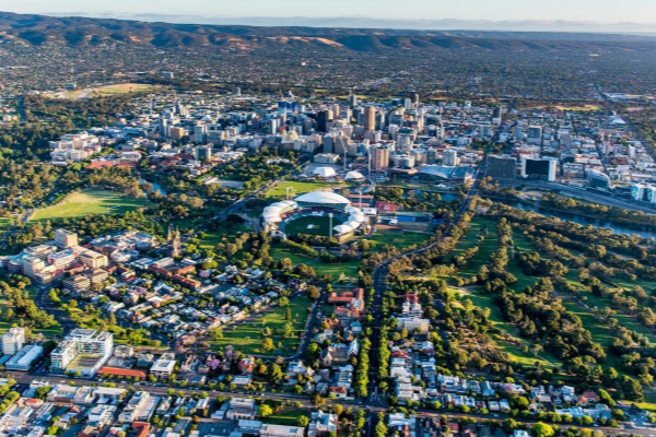 Bird's eye view of Adelaide CBD shows a city of unique life and culture.