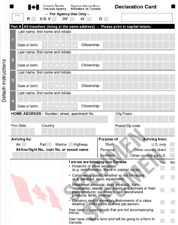 前往加拿大房车自驾-加拿大海关入境申报单